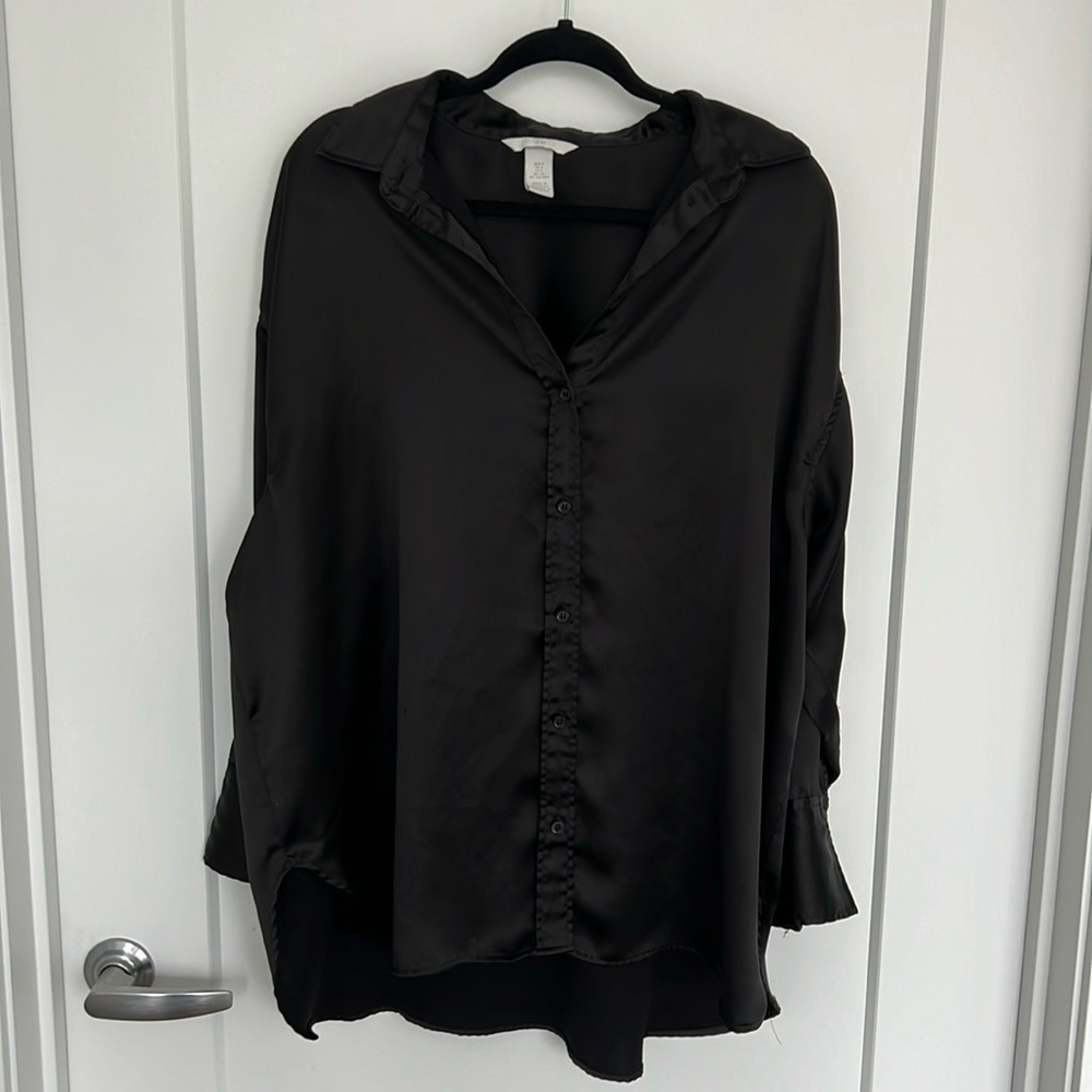 Black Satin Oversized Long Sleeve Shirt